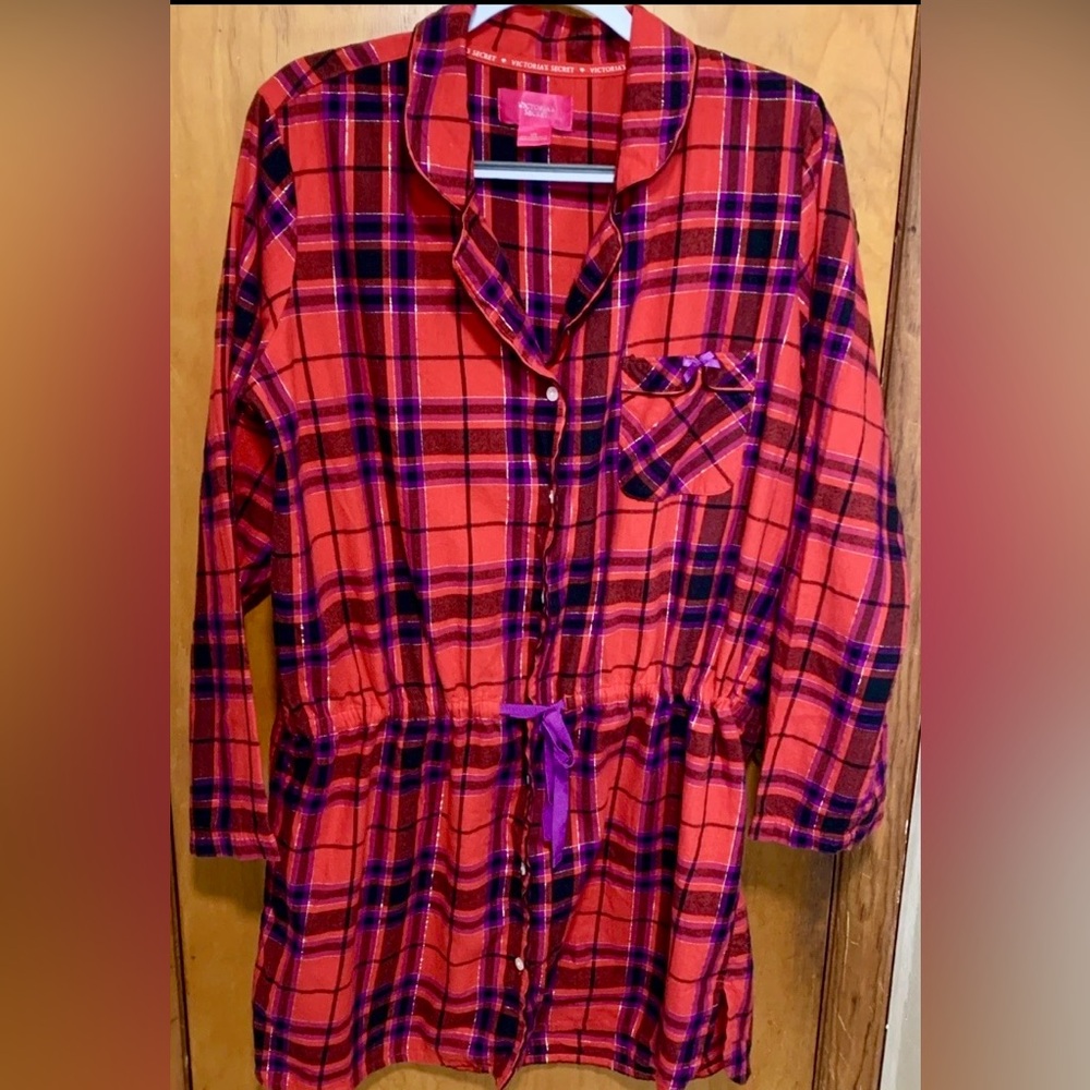 Victoria's Secret Short Robe Nightie Glam Red Purple Plaid Loungewear XL